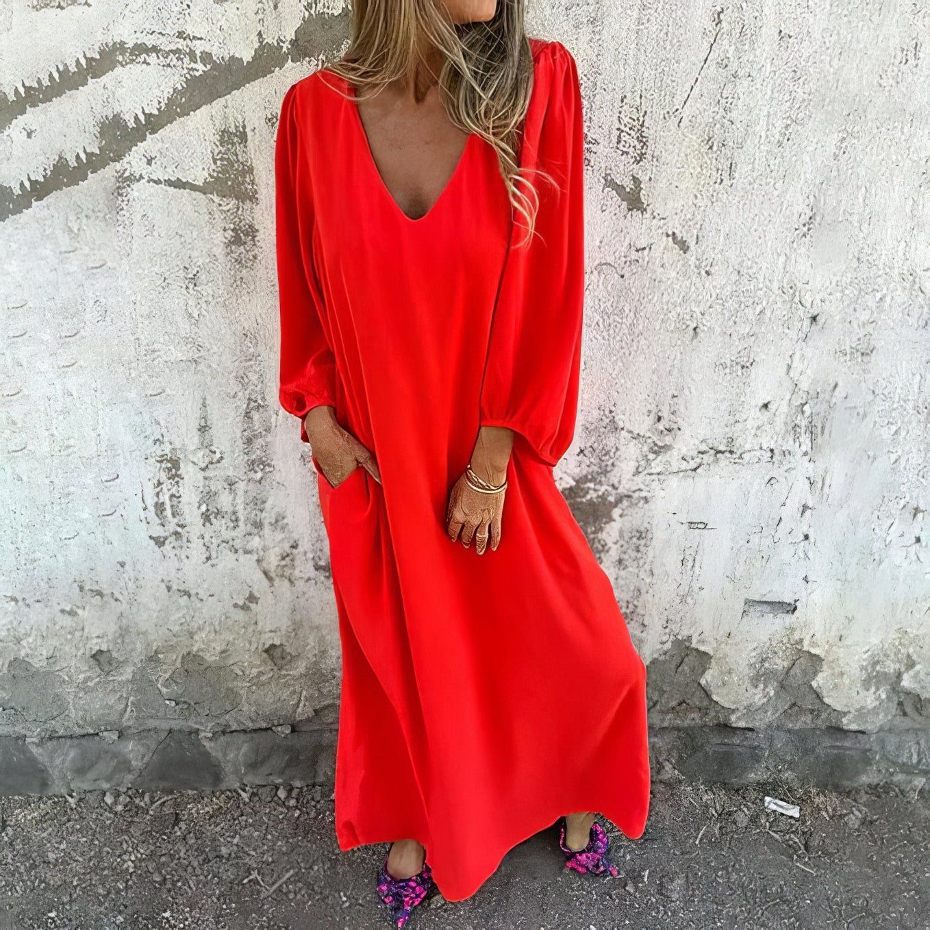 V Neck Puff Sleeve Side Split Pocket Flowy Casual Maxi Dress