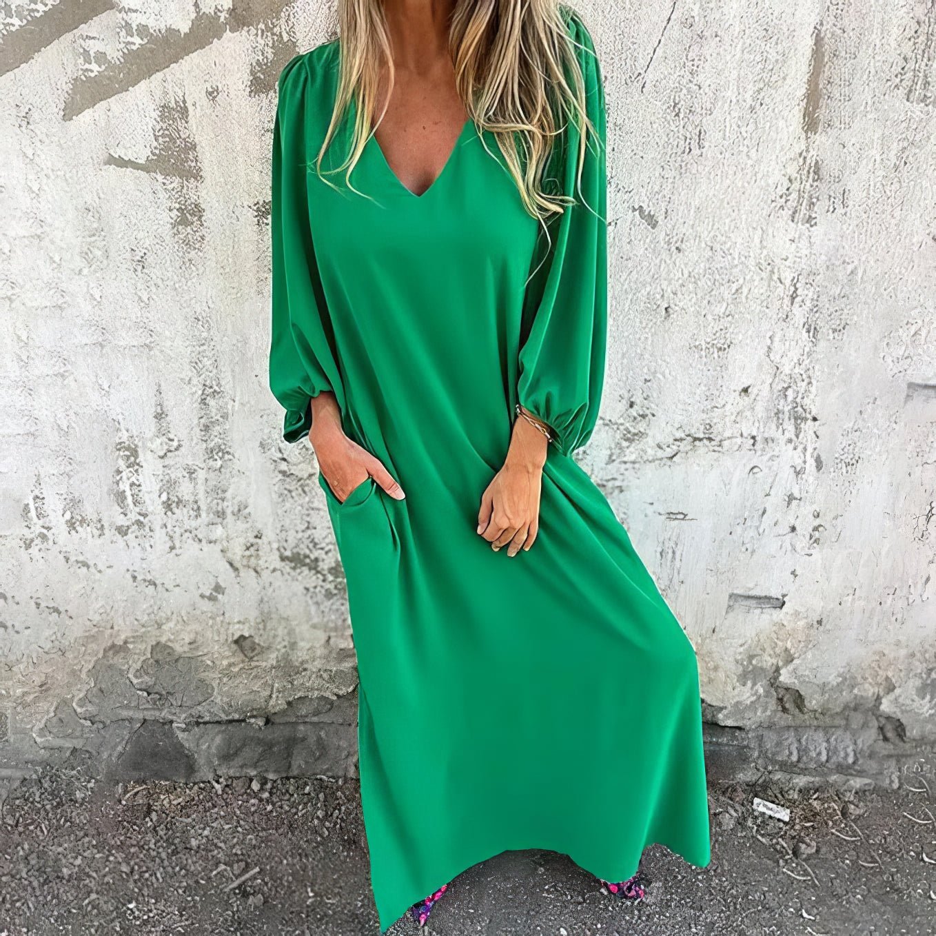 V Neck Puff Sleeve Side Split Pocket Flowy Casual Maxi Dress