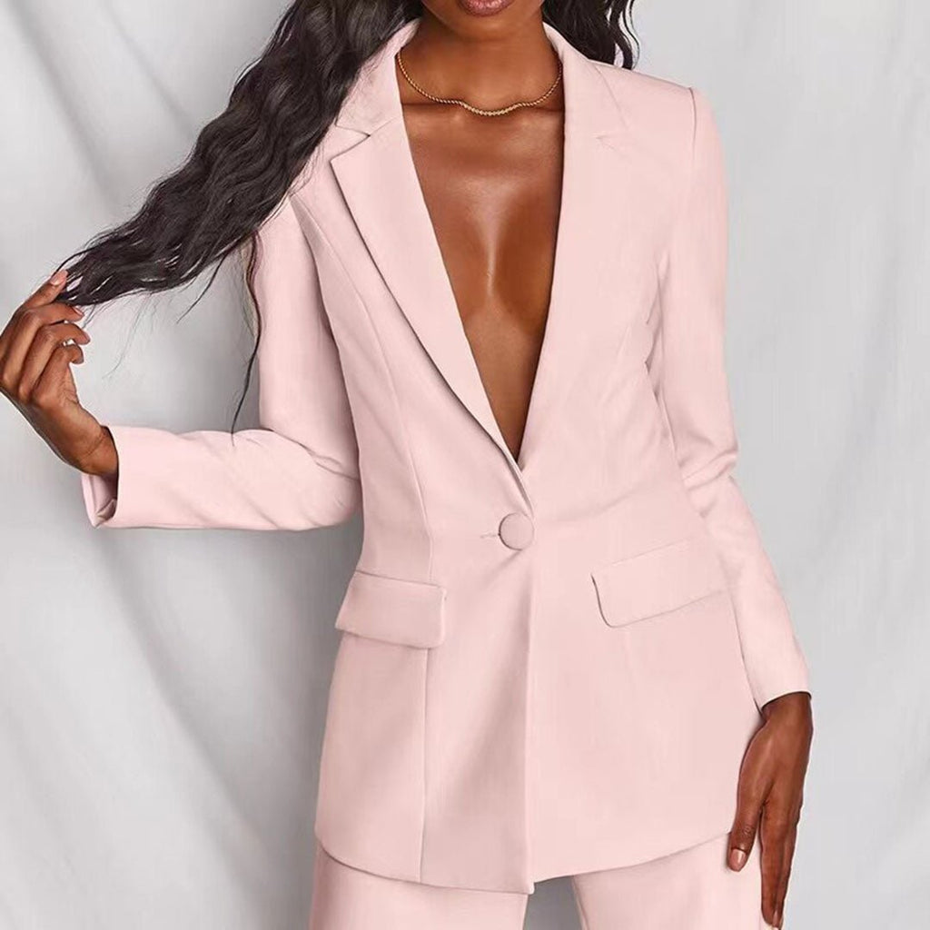 Notch Lapel Single Button Blazer and Wide Leg Pant Tailored Set