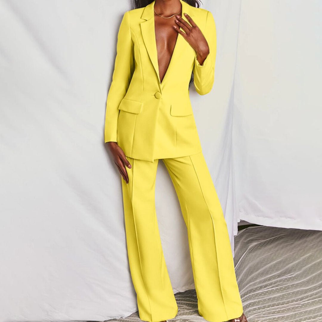 Notch Lapel Single Button Blazer and Wide Leg Pant Tailored Set