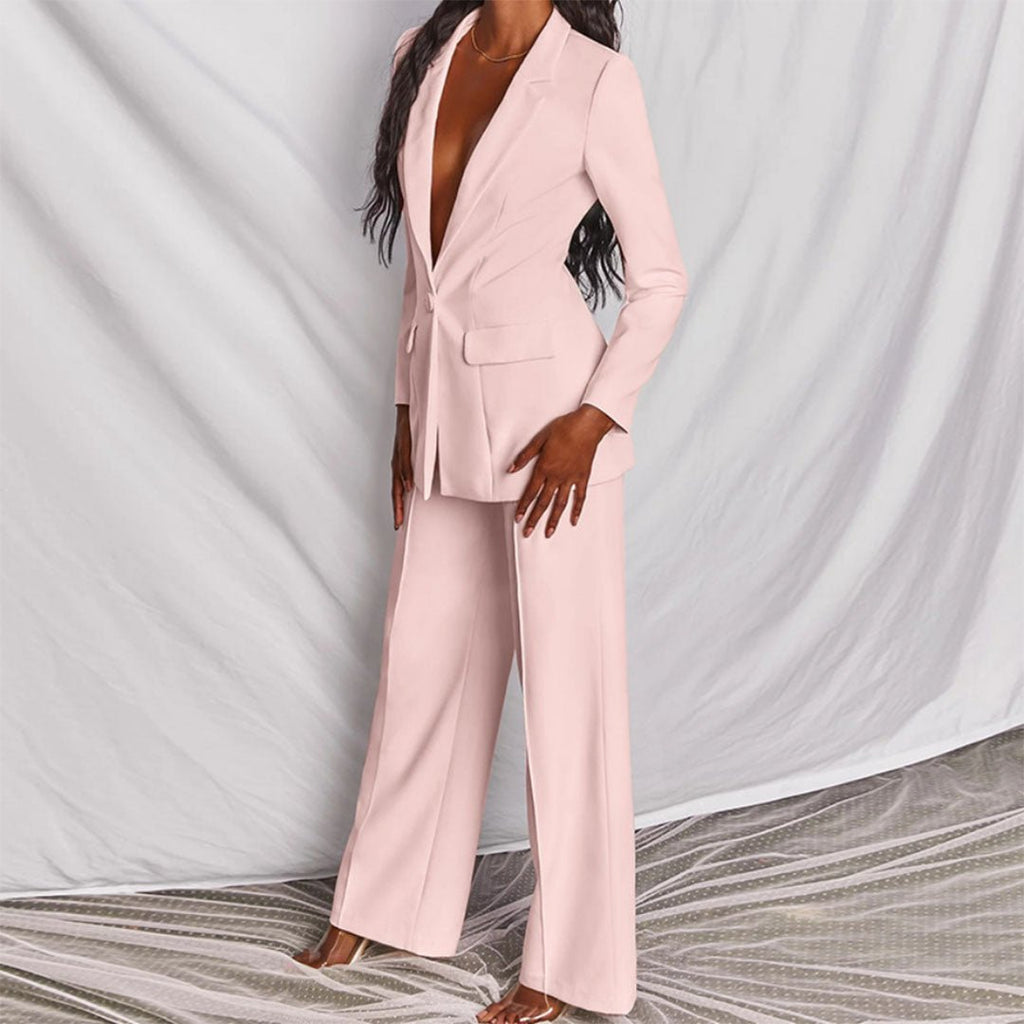 Notch Lapel Single Button Blazer and Wide Leg Pant Tailored Set