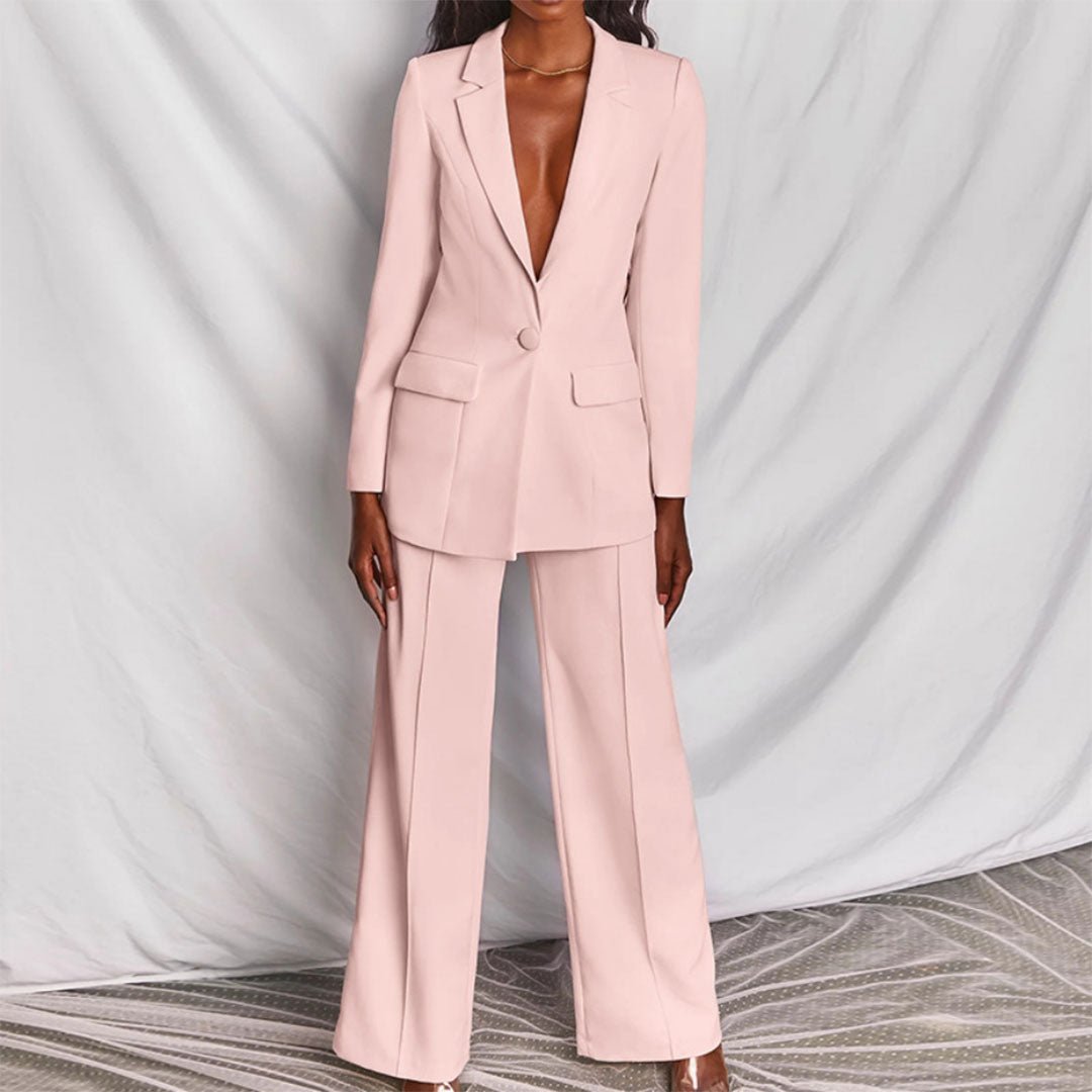 Notch Lapel Single Button Blazer and Wide Leg Pant Tailored Set
