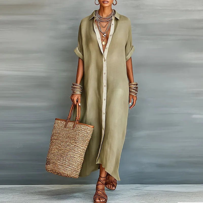 Collar Neck Roll Sleeve Oversized Button Down Linen Maxi Dress