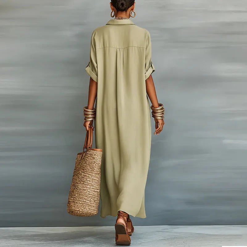Collar Neck Roll Sleeve Oversized Button Down Linen Maxi Dress