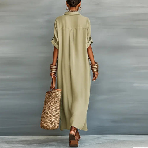 Collar Neck Roll Sleeve Oversized Button Down Linen Maxi Dress