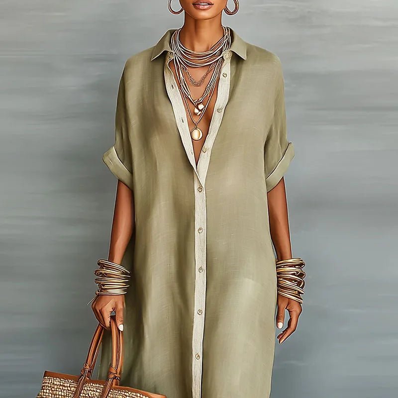 Collar Neck Roll Sleeve Oversized Button Down Linen Maxi Dress