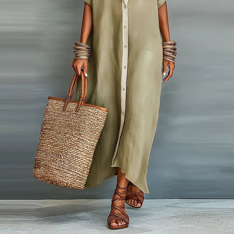 Collar Neck Roll Sleeve Oversized Button Down Linen Maxi Dress