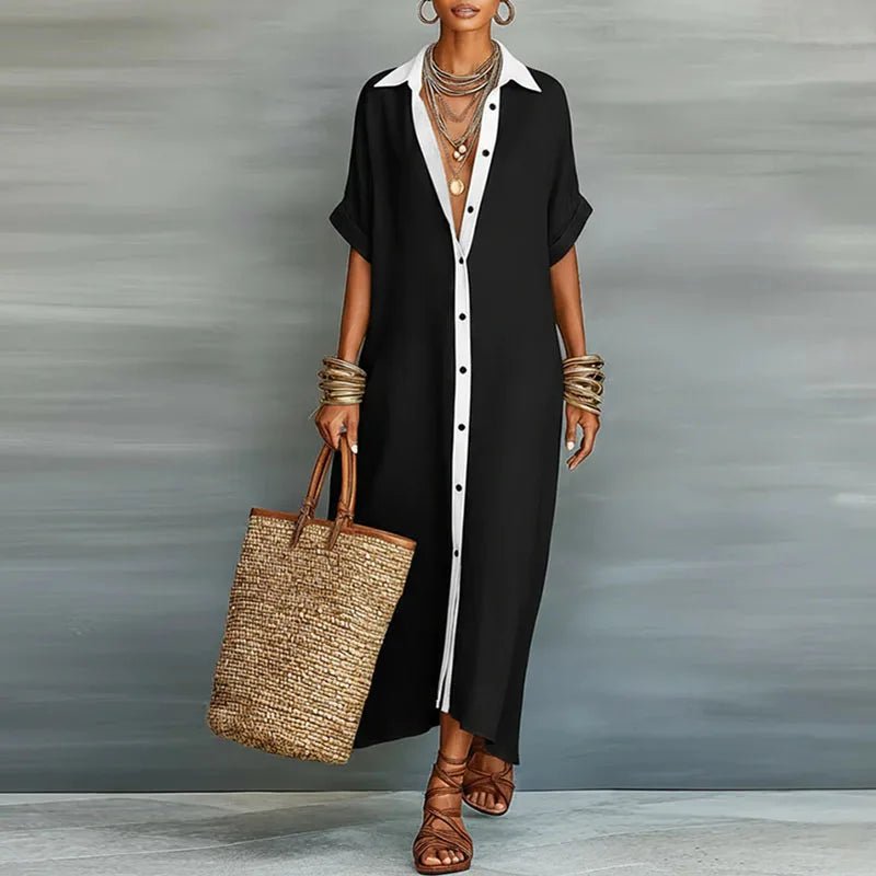 Collar Neck Roll Sleeve Oversized Button Down Linen Maxi Dress