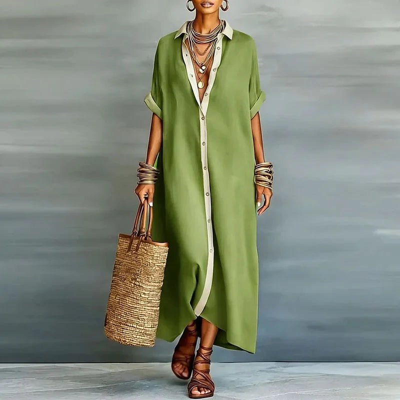 Collar Neck Roll Sleeve Oversized Button Down Linen Maxi Dress