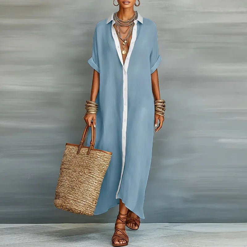 Collar Neck Roll Sleeve Oversized Button Down Linen Maxi Dress