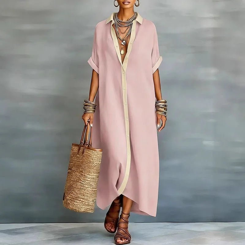 Collar Neck Roll Sleeve Oversized Button Down Linen Maxi Dress