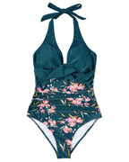 Tropical Print Wrap Halter Deep V One Piece Swimsuit