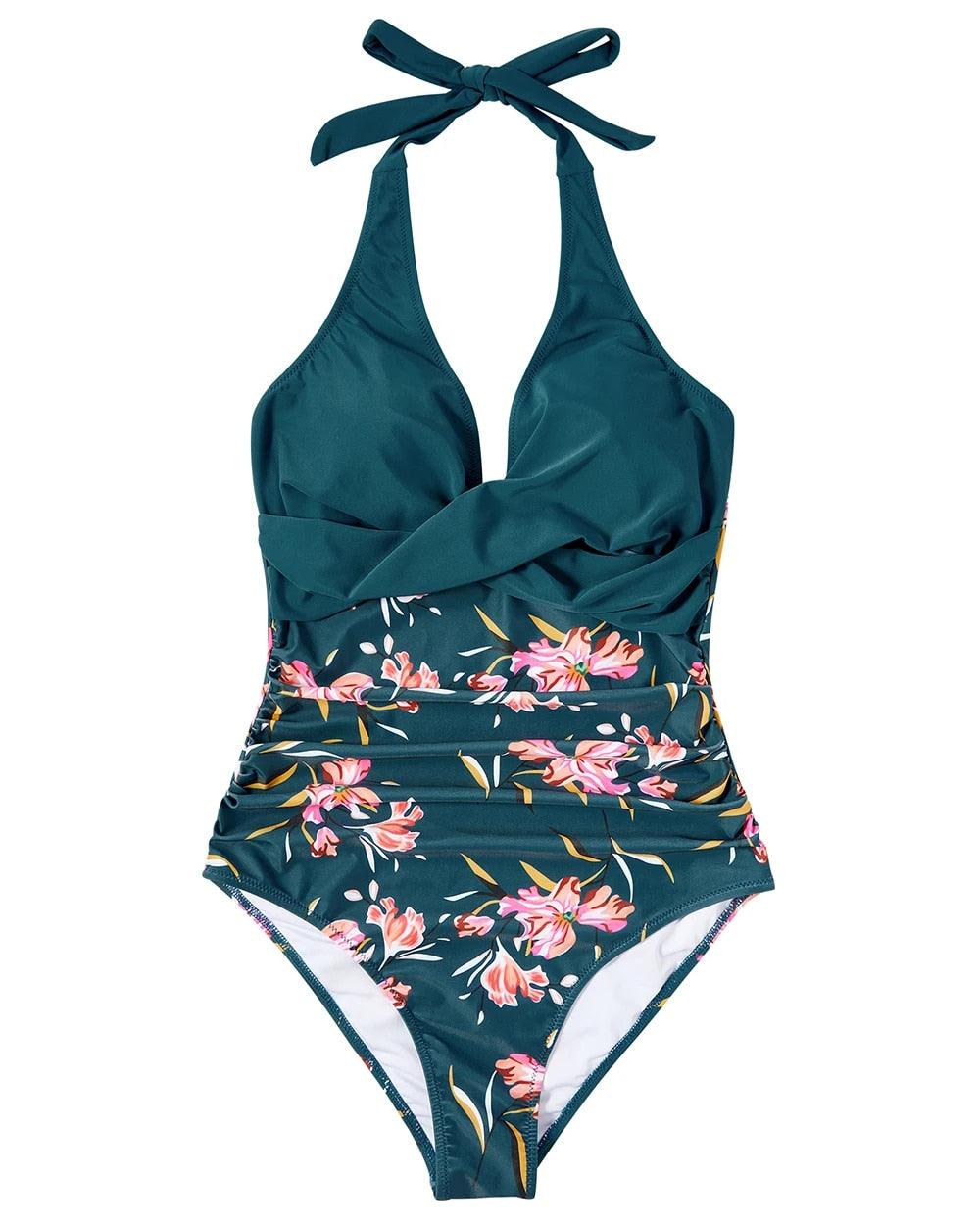 Tropical Print Wrap Halter Deep V One Piece Swimsuit