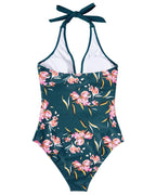 Tropical Print Wrap Halter Deep V One Piece Swimsuit