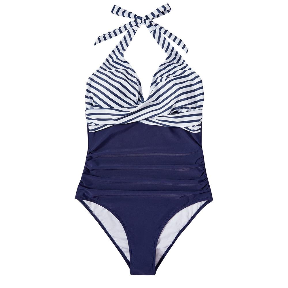 Tropical Print Wrap Halter Deep V One Piece Swimsuit