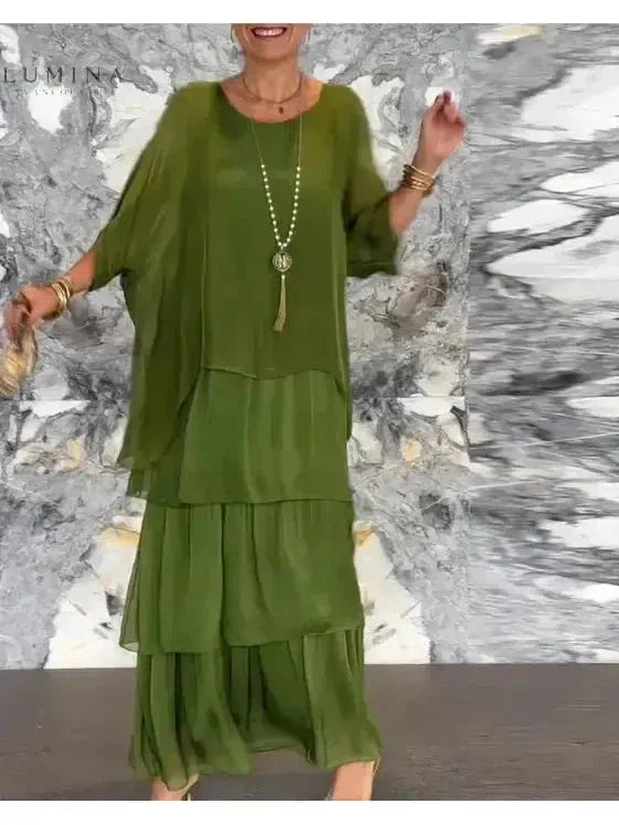 Chiffon Tiered Ruffle Batwing Sleeve Flowy Maxi Dress