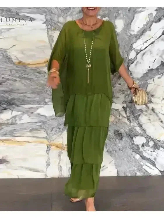 Chiffon Tiered Ruffle Batwing Sleeve Flowy Maxi Dress