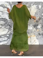 Chiffon Tiered Ruffle Batwing Sleeve Flowy Maxi Dress