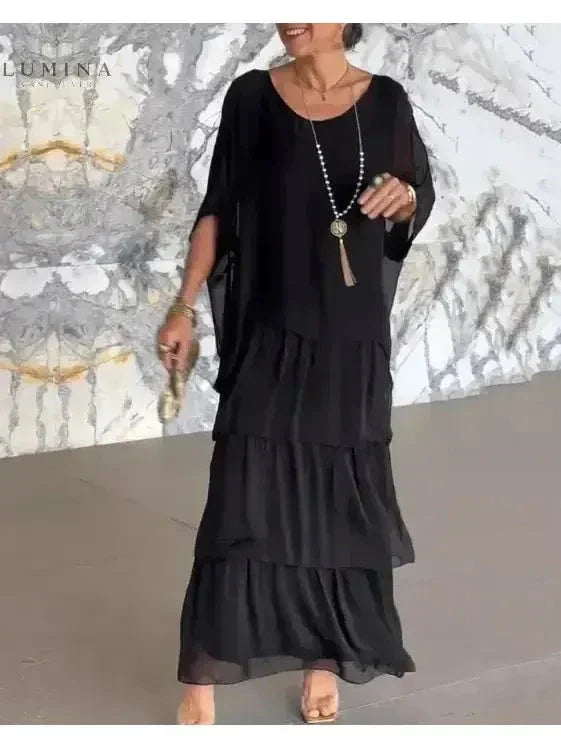 Chiffon Tiered Ruffle Batwing Sleeve Flowy Maxi Dress