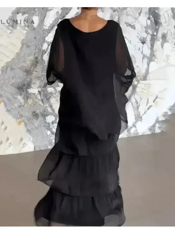 Chiffon Tiered Ruffle Batwing Sleeve Flowy Maxi Dress