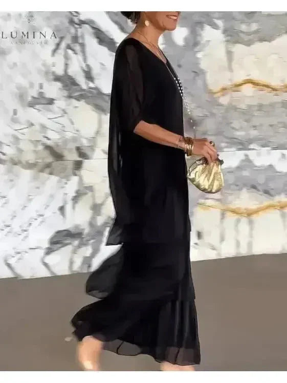 Chiffon Tiered Ruffle Batwing Sleeve Flowy Maxi Dress