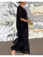 Chiffon Tiered Ruffle Batwing Sleeve Flowy Maxi Dress