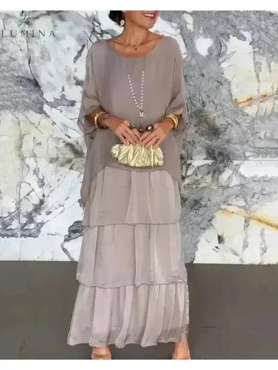 Chiffon Tiered Ruffle Batwing Sleeve Flowy Maxi Dress