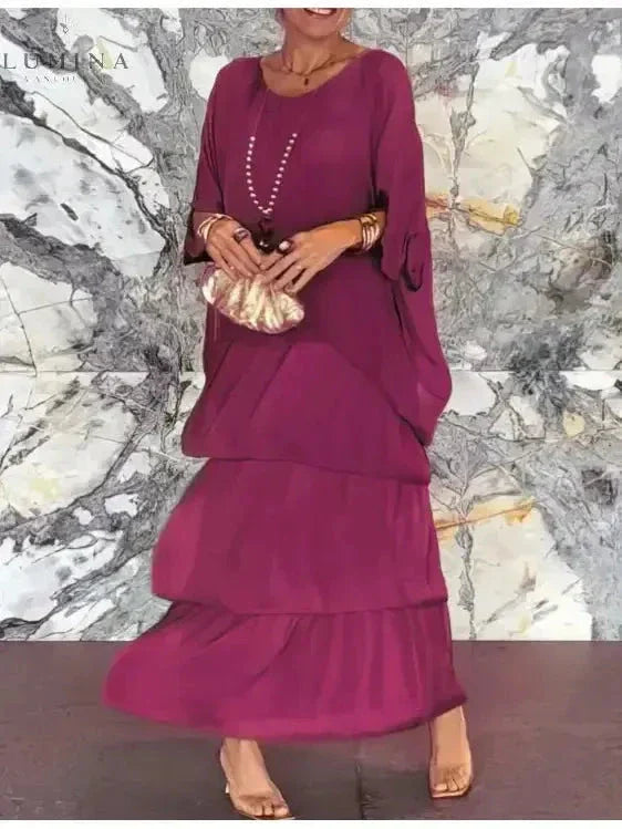 Chiffon Tiered Ruffle Batwing Sleeve Flowy Maxi Dress
