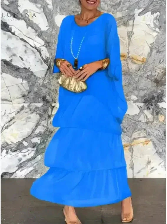 Chiffon Tiered Ruffle Batwing Sleeve Flowy Maxi Dress