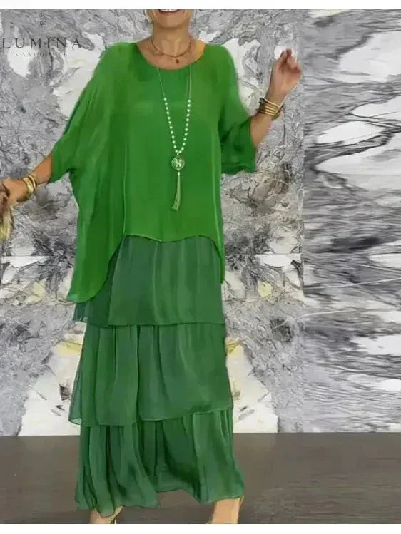 Chiffon Tiered Ruffle Batwing Sleeve Flowy Maxi Dress