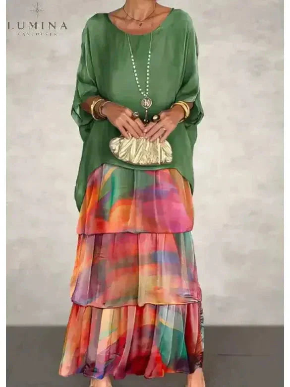 Chiffon Tiered Ruffle Batwing Sleeve Flowy Maxi Dress