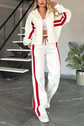 Striped Side Panel Zip Up Cropped Jacket and Wide Leg Tracksuit Set