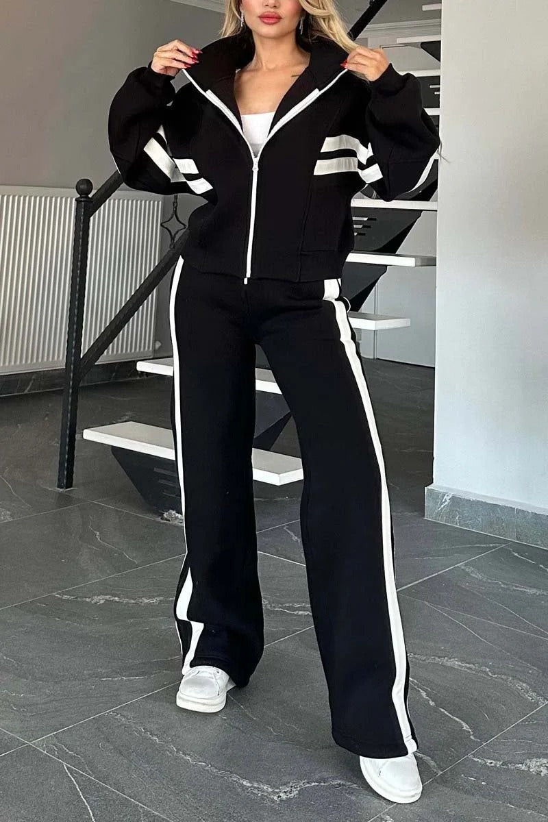 Striped Side Panel Zip Up Cropped Jacket and Wide Leg Tracksuit Set