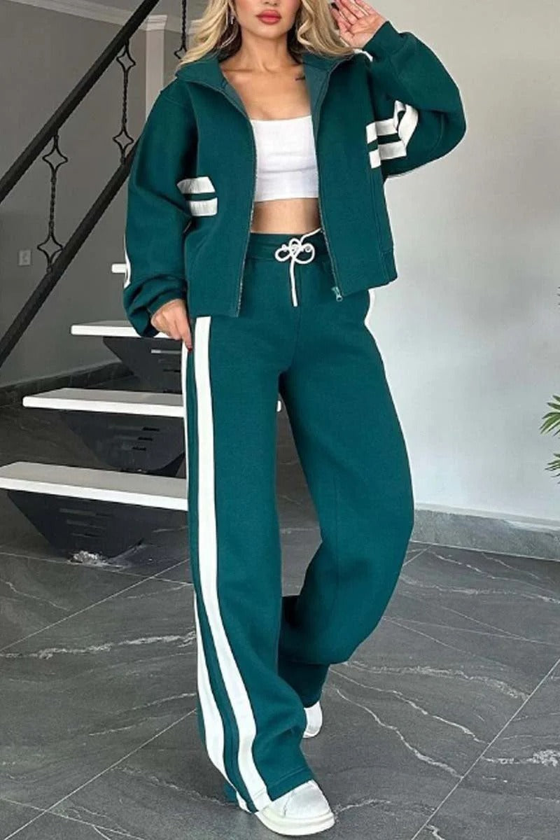 Striped Side Panel Zip Up Cropped Jacket and Wide Leg Tracksuit Set