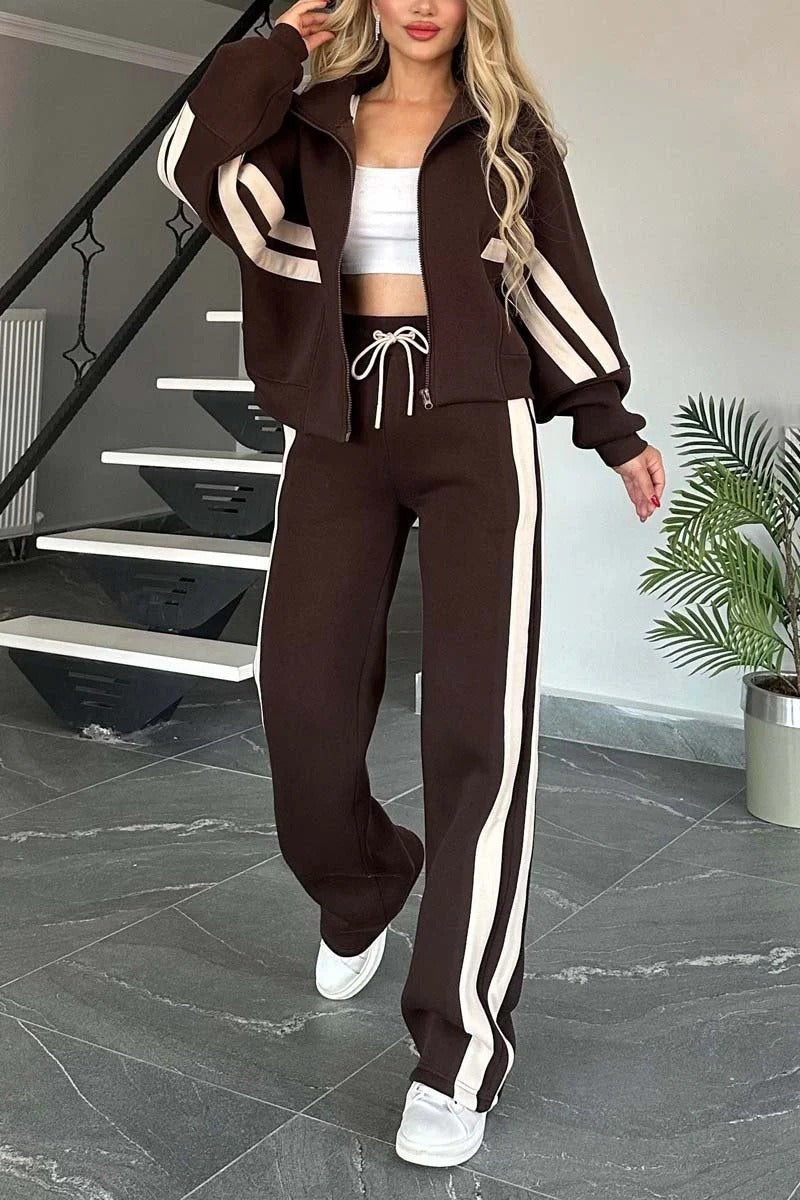 Striped Side Panel Zip Up Cropped Jacket and Wide Leg Tracksuit Set