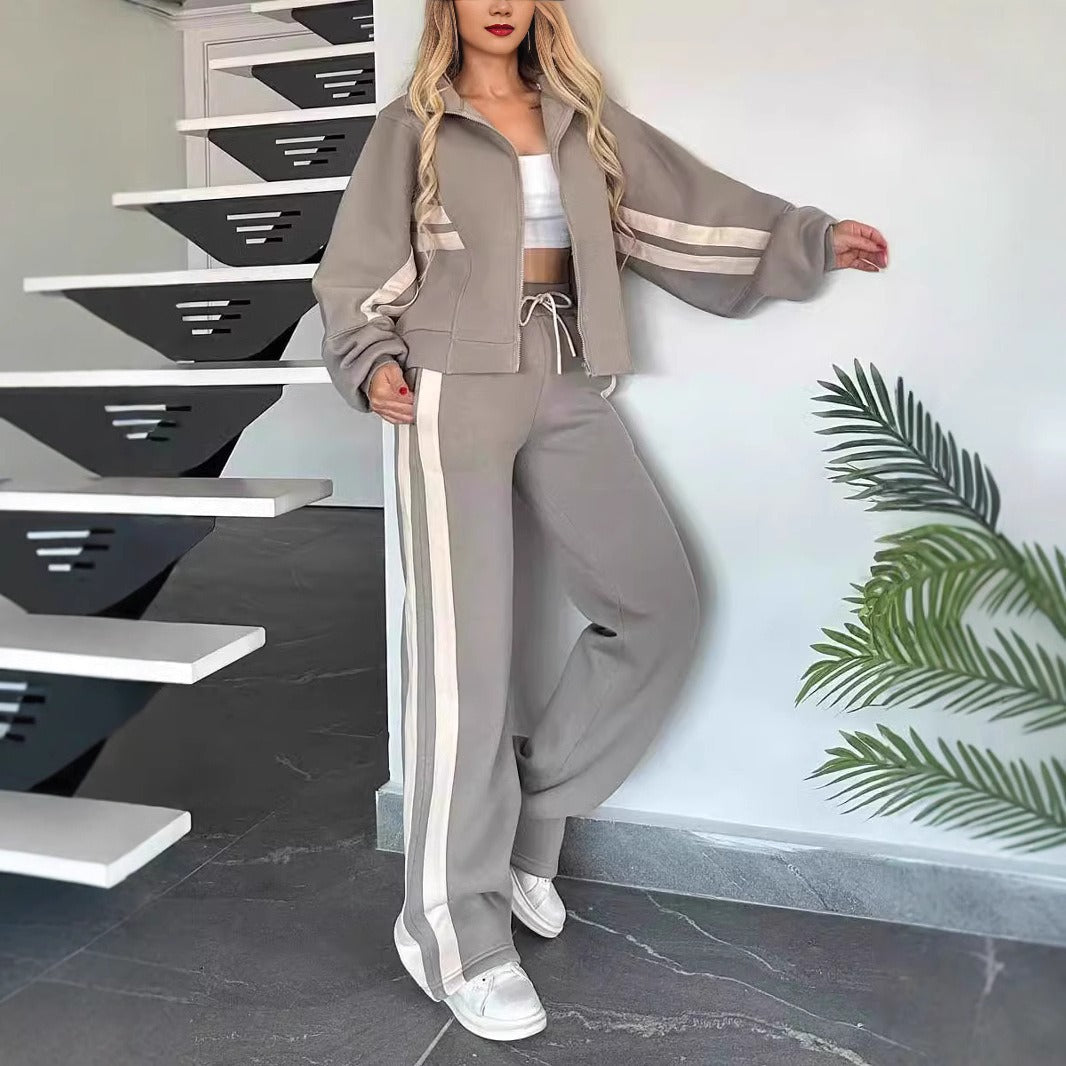 Striped Side Panel Zip Up Cropped Jacket and Wide Leg Tracksuit Set