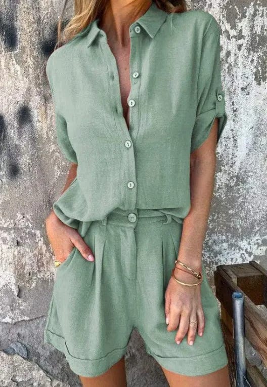 Oversized Linen Shirt Tailored Short Two Piece Set- Summer