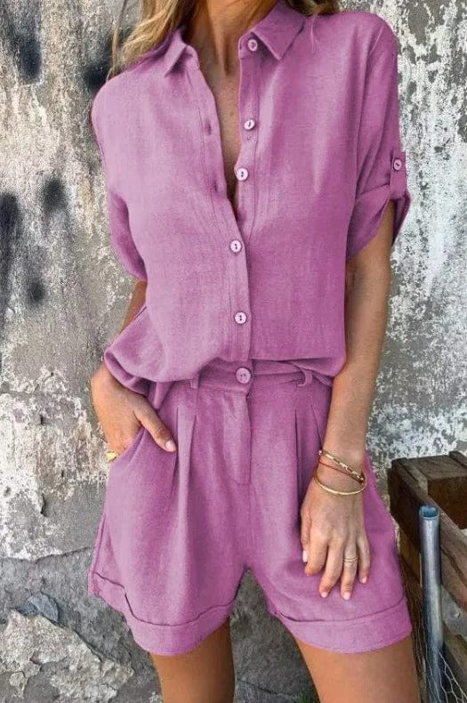 Oversized Linen Shirt Tailored Short Two Piece Set- Summer