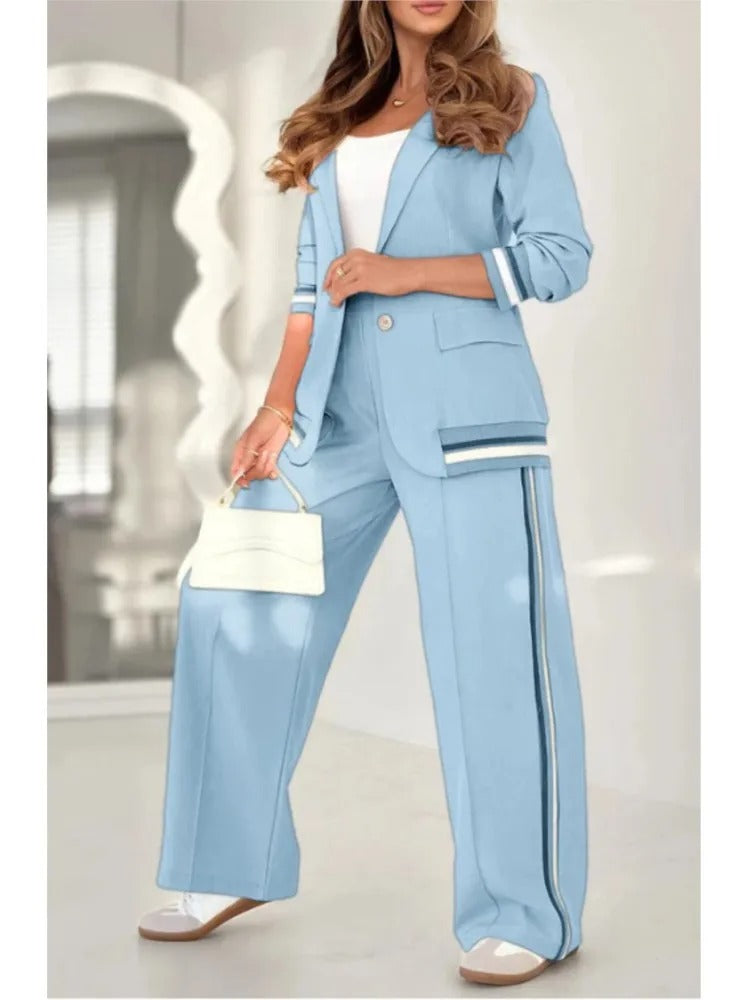 Stripe Trim Single Button Blazer and Wide Leg Pant Set