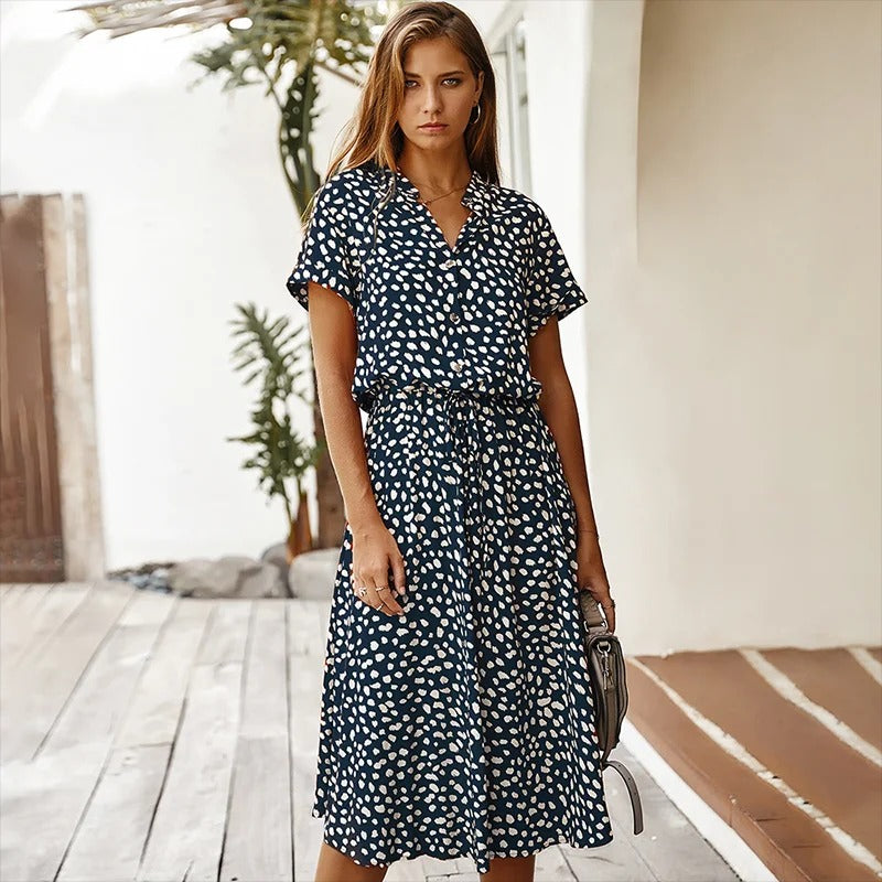 Leopard Print Belted Button Down Casual Midi Dress