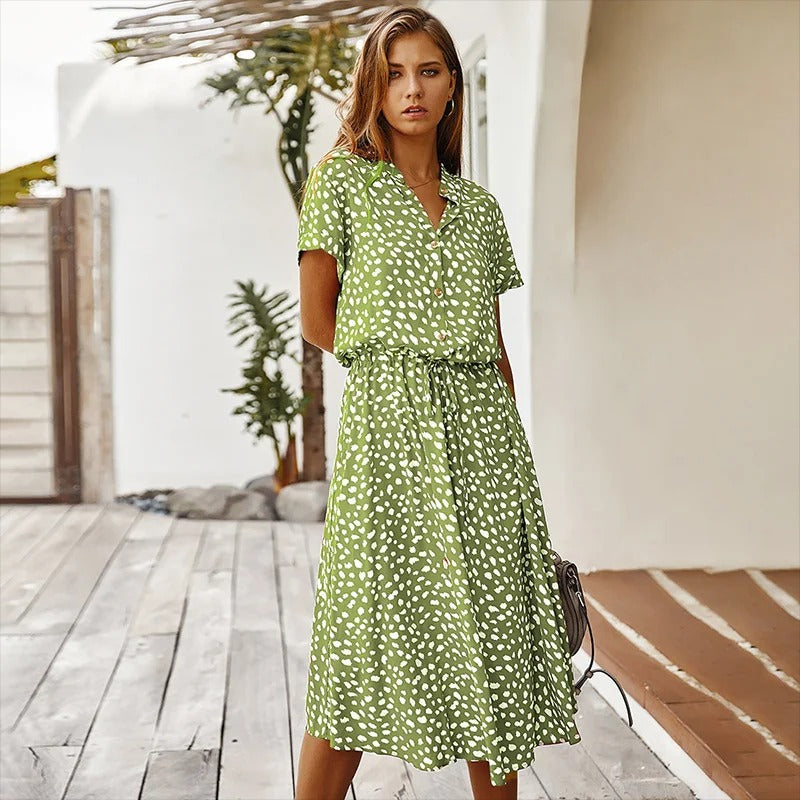 Leopard Print Belted Button Down Casual Midi Dress