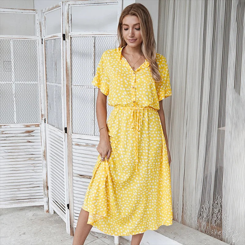 Leopard Print Belted Button Down Casual Midi Dress