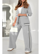 Stripe Trim Single Button Blazer and Wide Leg Pant Set