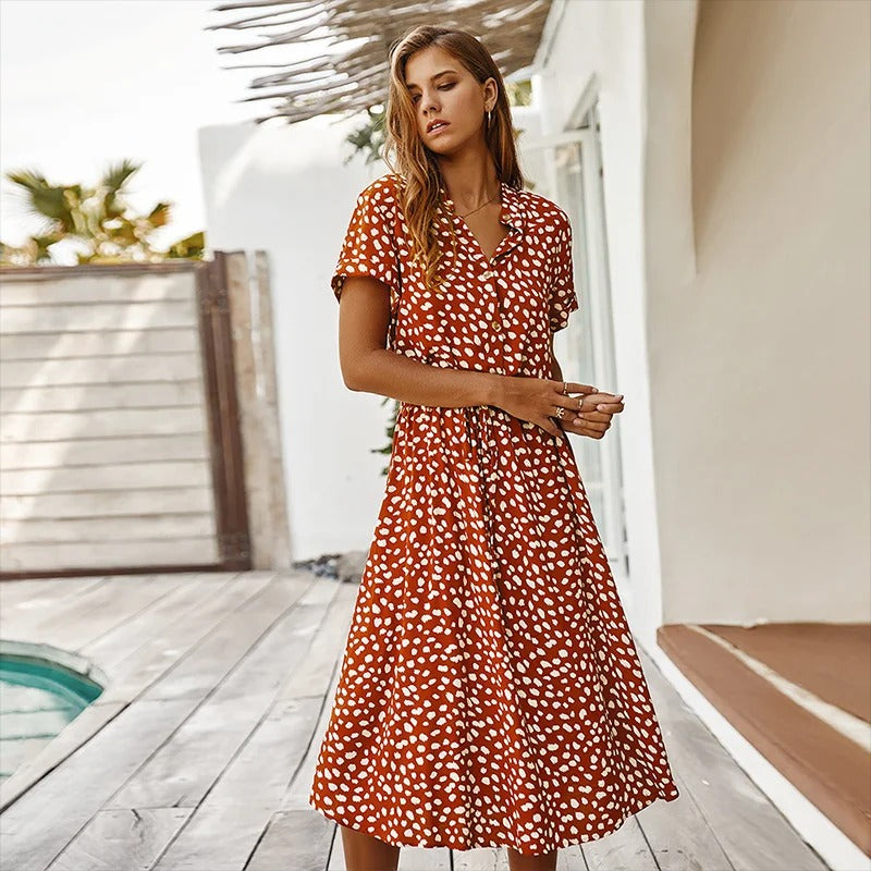 Leopard Print Belted Button Down Casual Midi Dress