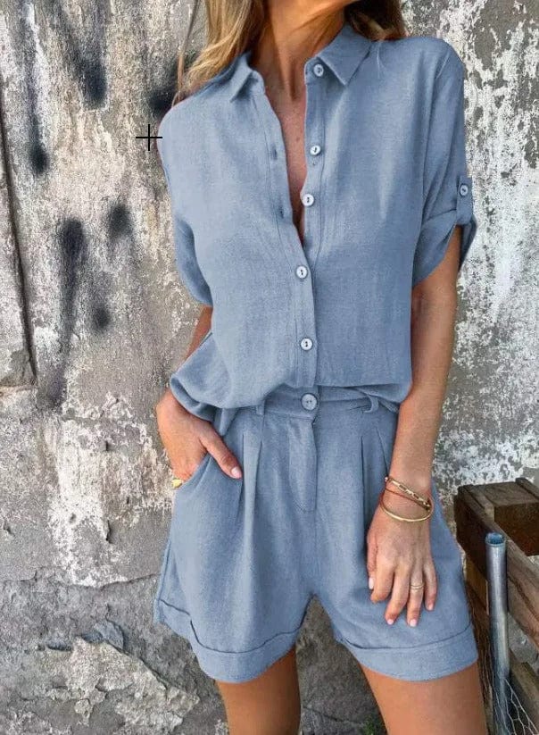 Oversized Linen Shirt Tailored Short Two Piece Set- Summer