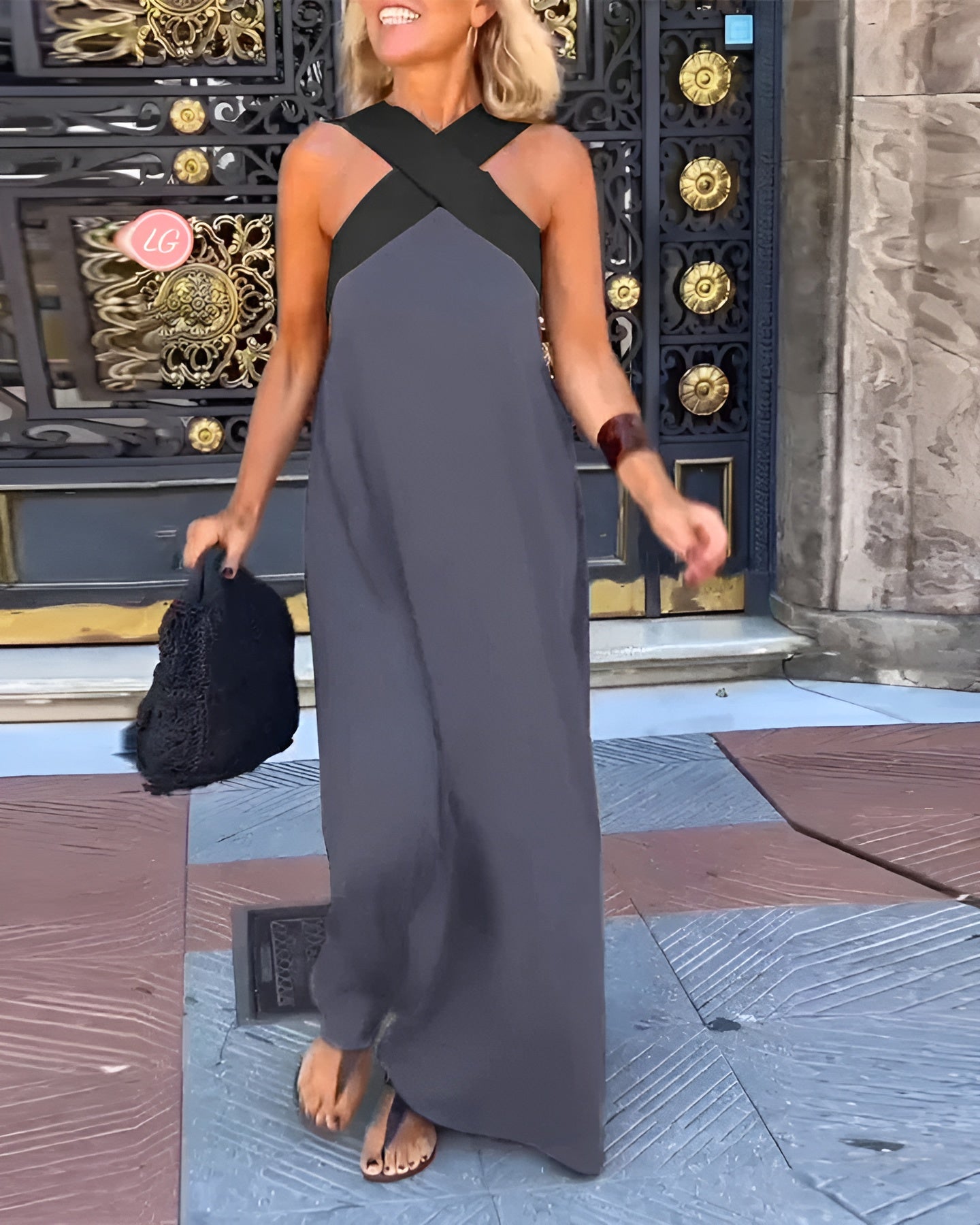 Contrast Cross Halter Neck Sleeveless Casual Maxi Dress