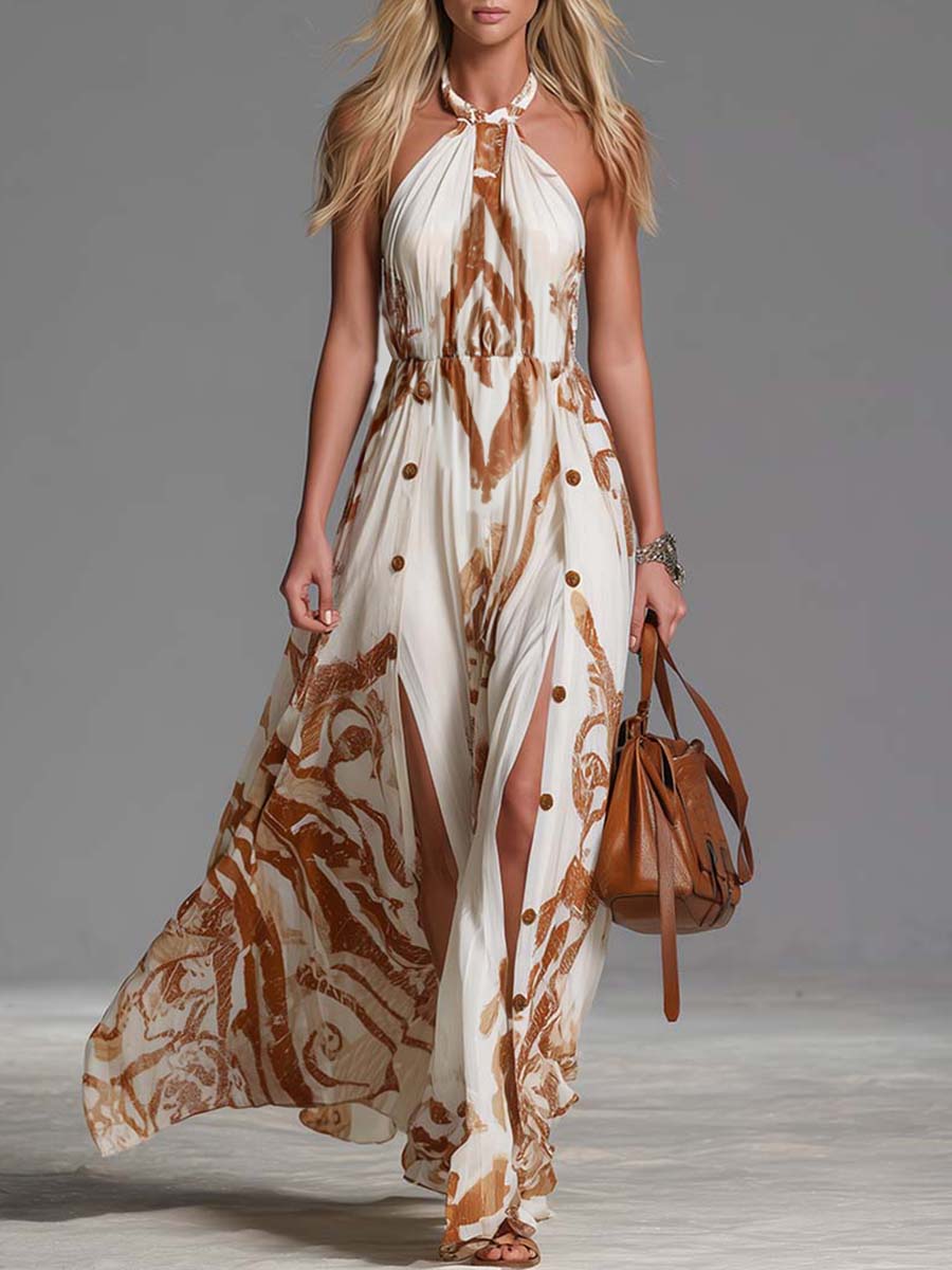 Abstract Print Halter Neck Button Side Split Flowy Maxi Dress