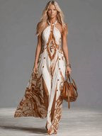 Abstract Print Halter Neck Button Side Split Flowy Maxi Dress
