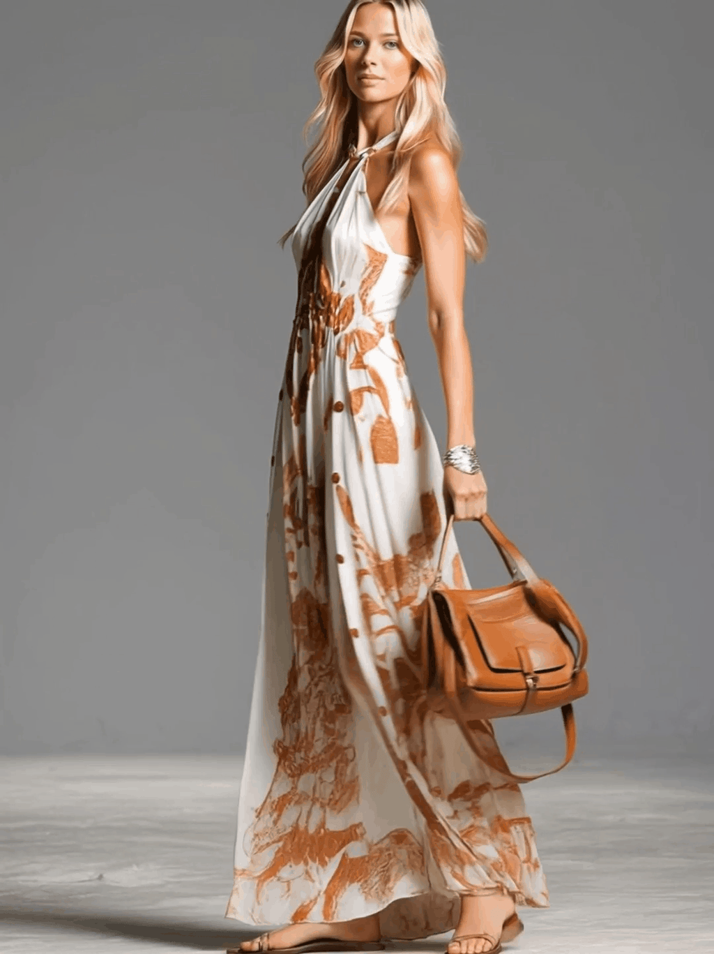 Abstract Print Halter Neck Button Side Split Flowy Maxi Dress