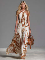 Abstract Print Halter Neck Button Side Split Flowy Maxi Dress